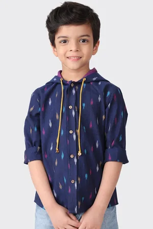 Fabindia Boys Navy Blue Printed Hooded Casual Shirt