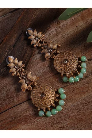 Jazz and Sizzle Women Gold-Toned & Green Floral Drop Earrings