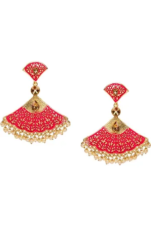 ANIKAS CREATION Red & Gold-Plated Triangular Enamelled Kundan Studded Drop Earrings