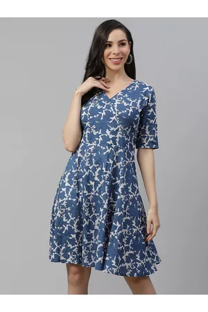 Divena World Women Blue & White Pure Cotton Floral Print Wrap Dress