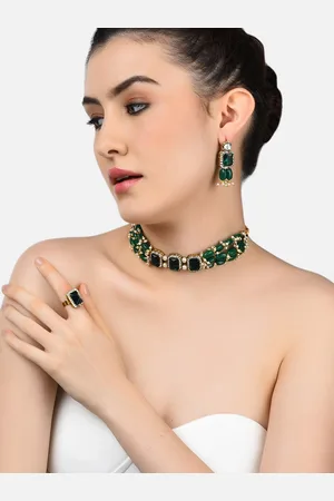 Zaveri Pearls Gold-Plated Green & White Stone-Studded Beaded Jewellery Set