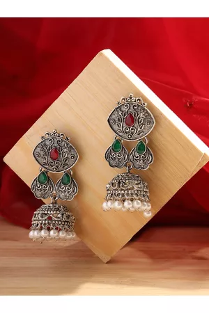 Jazz and Sizzle Women Silver-Toned Ruby & Green Contemporary Jhumkas Earrings