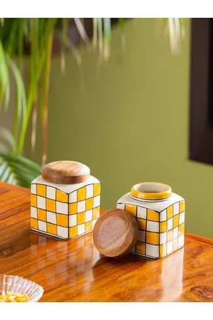 ExclusiveLane Set Of 2 Yellow & White Checked Ceramic Hand-Painted Canister