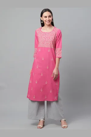 akheri Women Pink & Beige Chikankari Embroidered Straight Kurta