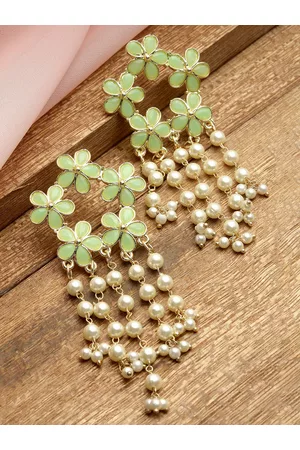 karatcart Women Gold Plated Lime Green Floral Drop Earrings