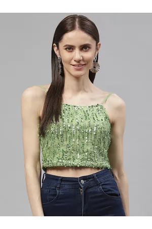 Pluss Women Green Sequined Poly Georgette Crop Top