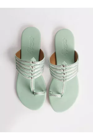 Sole House Women Sea Green Woven Design One Toe Flats