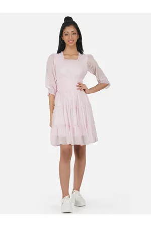 Antheaa Girls Pink Chiffon Smocked Tiered Fit & Flare Dress