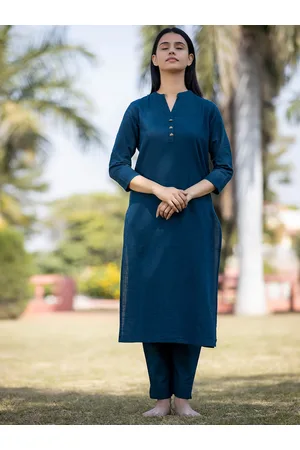 KAAJH Women Navy Blue Pure Cotton Yoga Kurta with Trousers