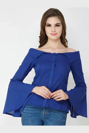 Cation Women Blue Solid Shirt Style Pure Cotton Top
