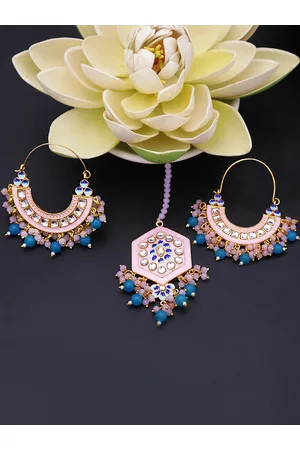 Yellow Chimes Women Gold Plated Stone Studded Meenakari Chandbali Earrings & Maangtikka