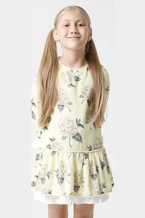 KATE & OSCAR Girls Yellow & Charcoal Floral Printed Drop-Waist Dress