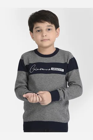 Crimsoune Club Boys Grey & Navy Blue Typography Printed Cotton Pullover