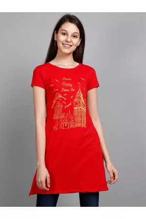 Fleximaa Women Red & Gold-Toned Printed Longline Top