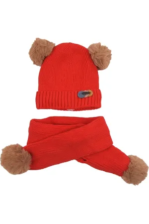 Yellow bee Girls Red Solid Beanie and Scarf Set with Pom Pom