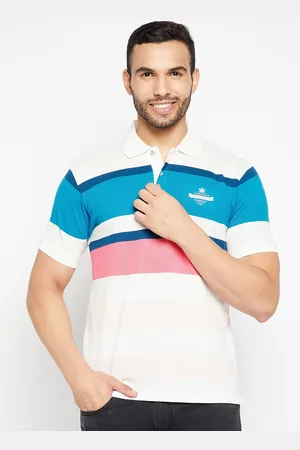 Duke Men White & Blue Striped Polo Collar Slim Fit Cotton T-shirt