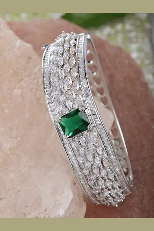 karatcart Silver-Plated Green & White AD Stone-Studded Bangle