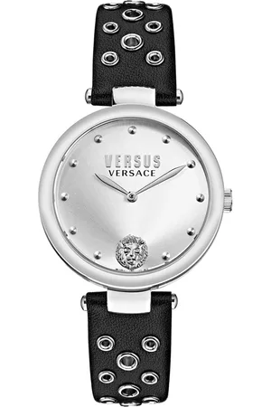 Versus Women Watches - Women Silver Embellished Dial & Black Leather Cut Work Straps Analogue Watch