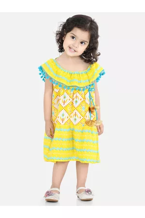 BownBee Girls Yellow Geometric Printed Fit & Flare Dress