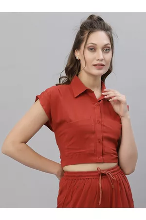 KASSUALLY Women Rust Solid Crop Boxy Casual Shirt