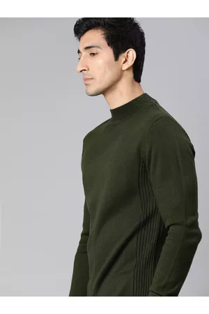 WROGN Men Olive Green Slim Fit Solid Pullover Sweater