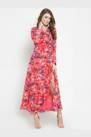 Sera Women Coral Pink And Blue Floral Printed Shirt Dress
