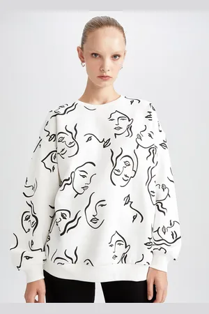 DeFacto Women White & Black Printed Pullover Sweatshirt