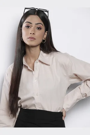 NA-KD Women Beige & White Striped Pure Cotton Casual Shirt