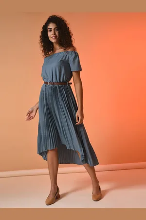Campus Teal Off-Shoulder Accordion Pleats A-Line Midi Dress