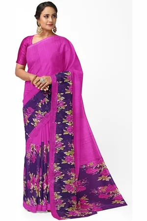 Florence Women Pink & Blue Floral Printed Pure Georgette Fusion Saree