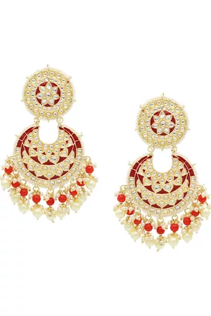 Asmitta Jewellery Gold-Plated Red & White Crescent Shaped Chandbalis