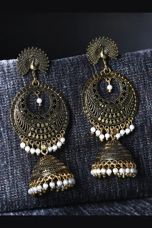 ANIKAS CREATION Gold Plated & Gunmetal-Toned Peacock Shaped Drop Earrings