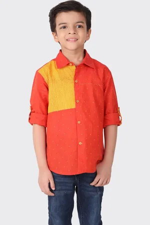Fabindia Boys Orange Cotton Colourblocked Casual Shirt