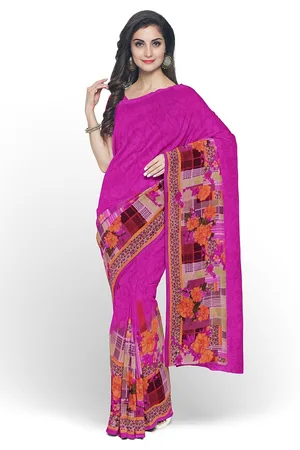 Florence Pink & Yellow Floral Pure Georgette Saree
