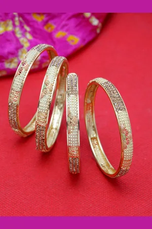 Shining Diva Set Of 4 Gold-Plated Artificial Stone Studded Meenakari Bangles