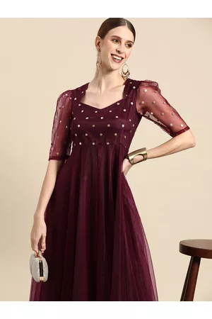 Sangria Burgundy Ethnic Motifs Embroidered Net Maxi Dress