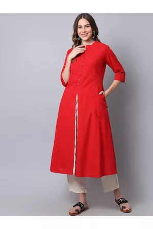 Pistaa Women Red Solid Cotton A-Line Kurta
