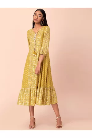 Buy Indya Yellow Sequin Embroidered Maxi Dress With Attached Dupatta And  Belt (Set of 2) online