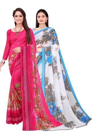 Florence White & Blue Floral Pure Georgette Saree