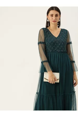Antheaa Teal Blue Embellished Net Maxi Dress