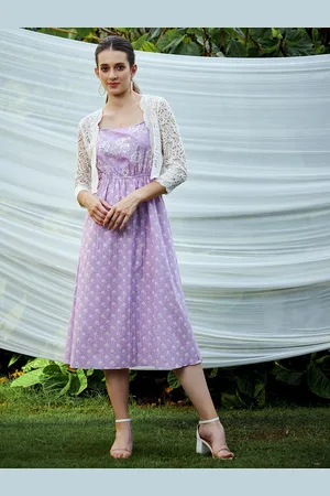 ATHENA Lavender Floral cotton A-Line Midi Dress With jJacket