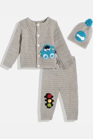CHUTPUT Kids Grey Solid Applique Cardigan with Pyjamas