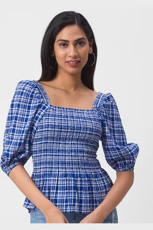 Globus Blue & White Checked Cotton Peplum Top