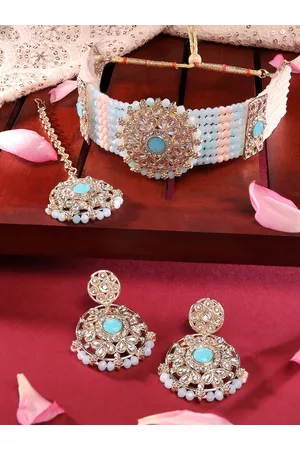 Zaveri Pearls Gold-Plated Turquoise Blue & White Kundan -Studded & Pearl Beaded Jewellery Set