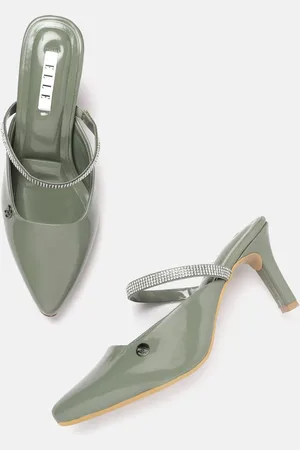 Elle Olive Green & Silver-Toned Stone Embellished Mules