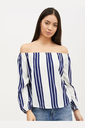 Harpa Women White & Blue Striped Bardot Top