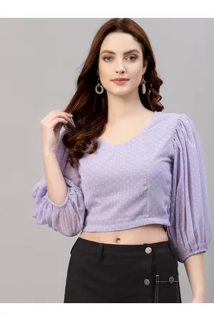 NEUDIS Women Lavender Self Design Chiffon Puff Sleeves Blouson Crop Top