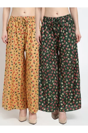 Jinfo Women Beige & Green Floral Printed Flared Palazzos Set Of 2