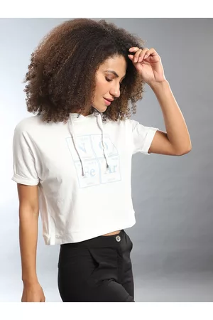 Campus Women White Typography Printed Pure Cotton Crop T-shirt