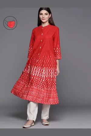 Biba Women Red & White Geometric Printed Kurta with Mask